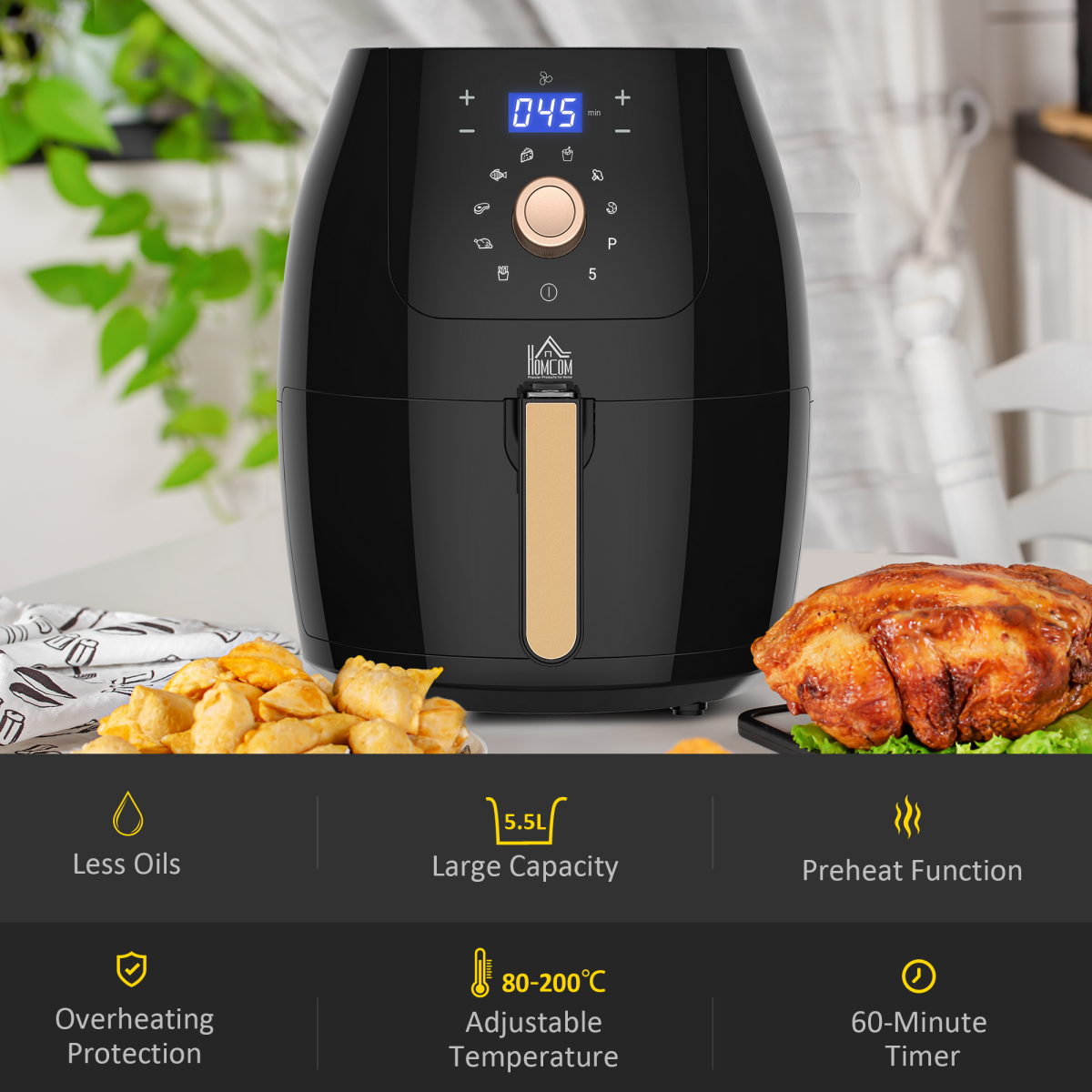 Smart Air Fryer 5.5L Digital Touchscreen - Healthier Cooking, Powerful 1700W!