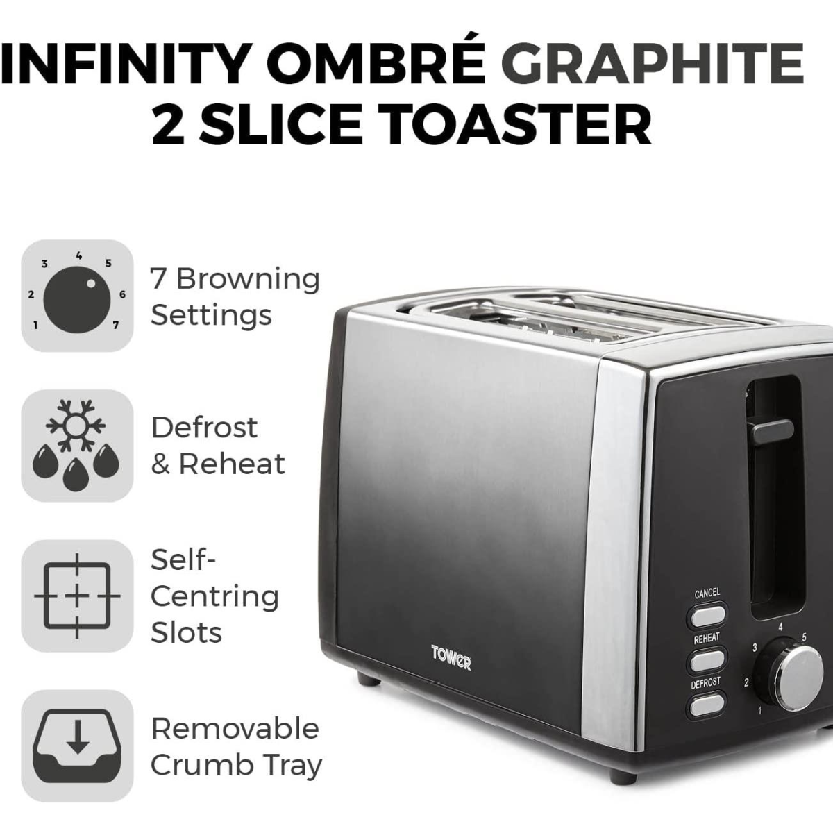 Tower Infinity Ombre 900W 2-Slice Toaster: Perfect Toast with Style