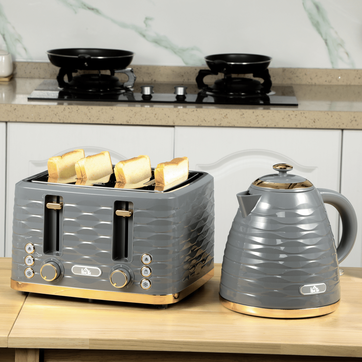 HOMCOM Kettle and Toaster Set 1.7L Rapid Boil Kettle & 4 Slice Toaster Grey - Fryora
