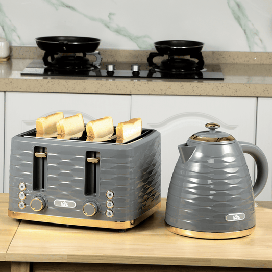 HOMCOM Kettle and Toaster Set 1.7L Rapid Boil Kettle & 4 Slice Toaster Grey - Fryora
