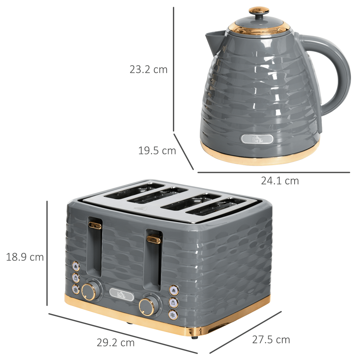 HOMCOM Kettle and Toaster Set 1.7L Rapid Boil Kettle & 4 Slice Toaster Grey - Fryora