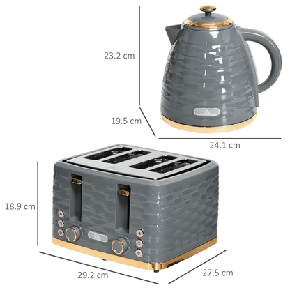 HOMCOM Kettle and Toaster Set 1.7L Rapid Boil Kettle & 4 Slice Toaster Grey - Fryora