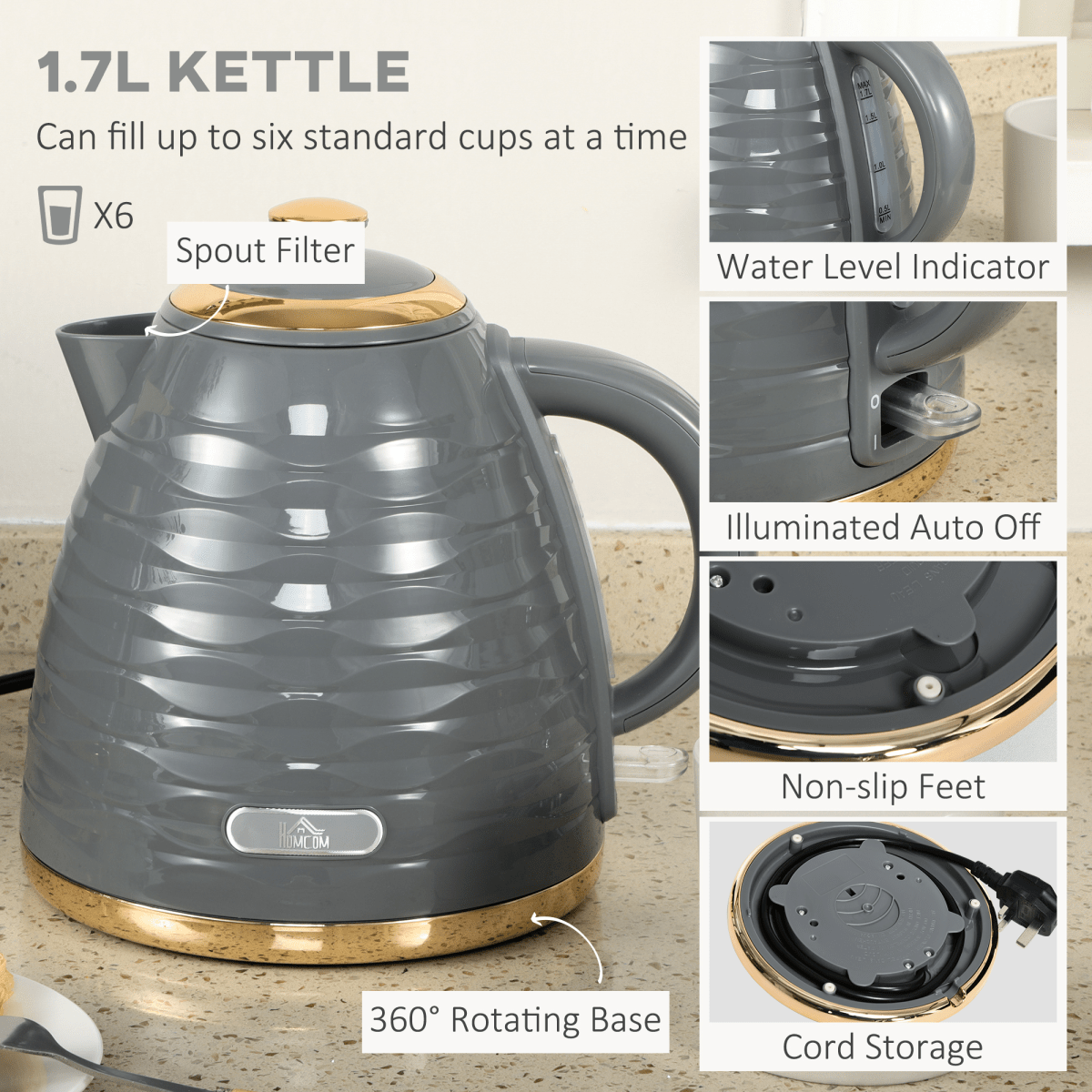 HOMCOM Kettle and Toaster Set 1.7L Rapid Boil Kettle & 4 Slice Toaster Grey - Fryora