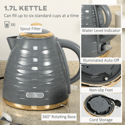 HOMCOM Kettle and Toaster Set 1.7L Rapid Boil Kettle & 4 Slice Toaster Grey - Fryora