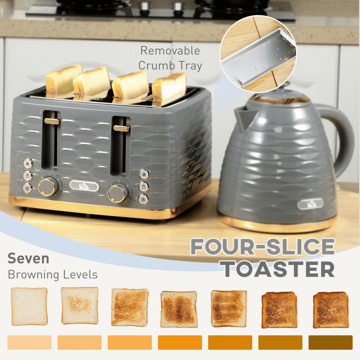 HOMCOM Kettle and Toaster Set 1.7L Rapid Boil Kettle & 4 Slice Toaster Grey - Fryora
