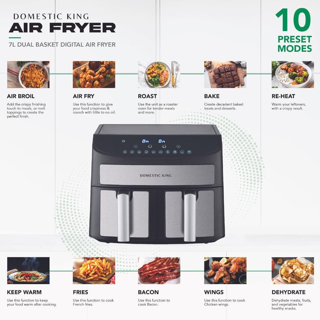 Domestic King 7L Dual Basket Air Fryer - 2400W Power & Precision Cooking - Fryora